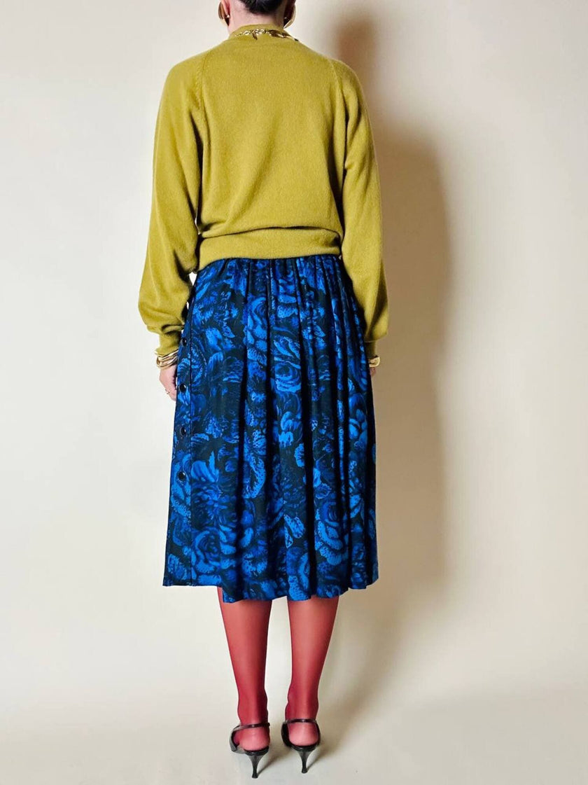 Gonna a ruota Yves Saint Laurent Variation in lana blu elettrico con fantasia floreale nera