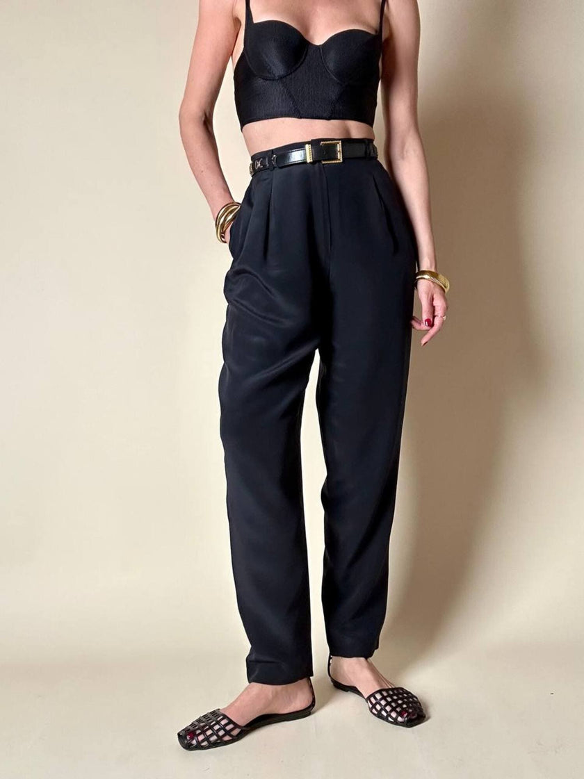 Pantalone nero a vita alta in pura seta “Pancaldi”