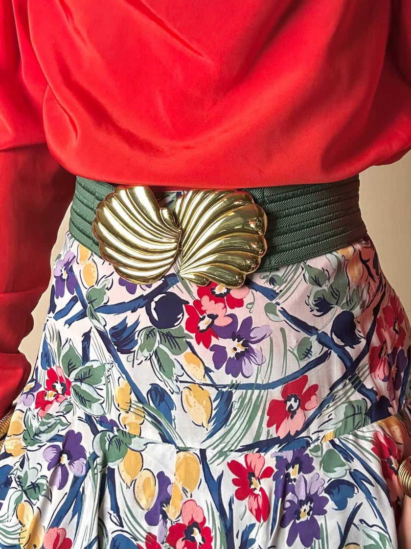 Cintura vintage in elastico verde con chiusura gioiello dorata