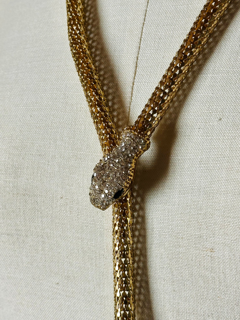 Collana/cintura gioiello vintage a forma di serpente in maglia metallica dorata con strass