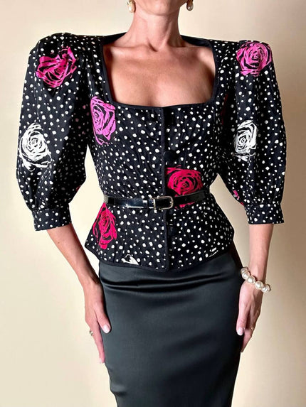 Giacchina corta con maniche a palloncino fantasia rose e pois “Genny”