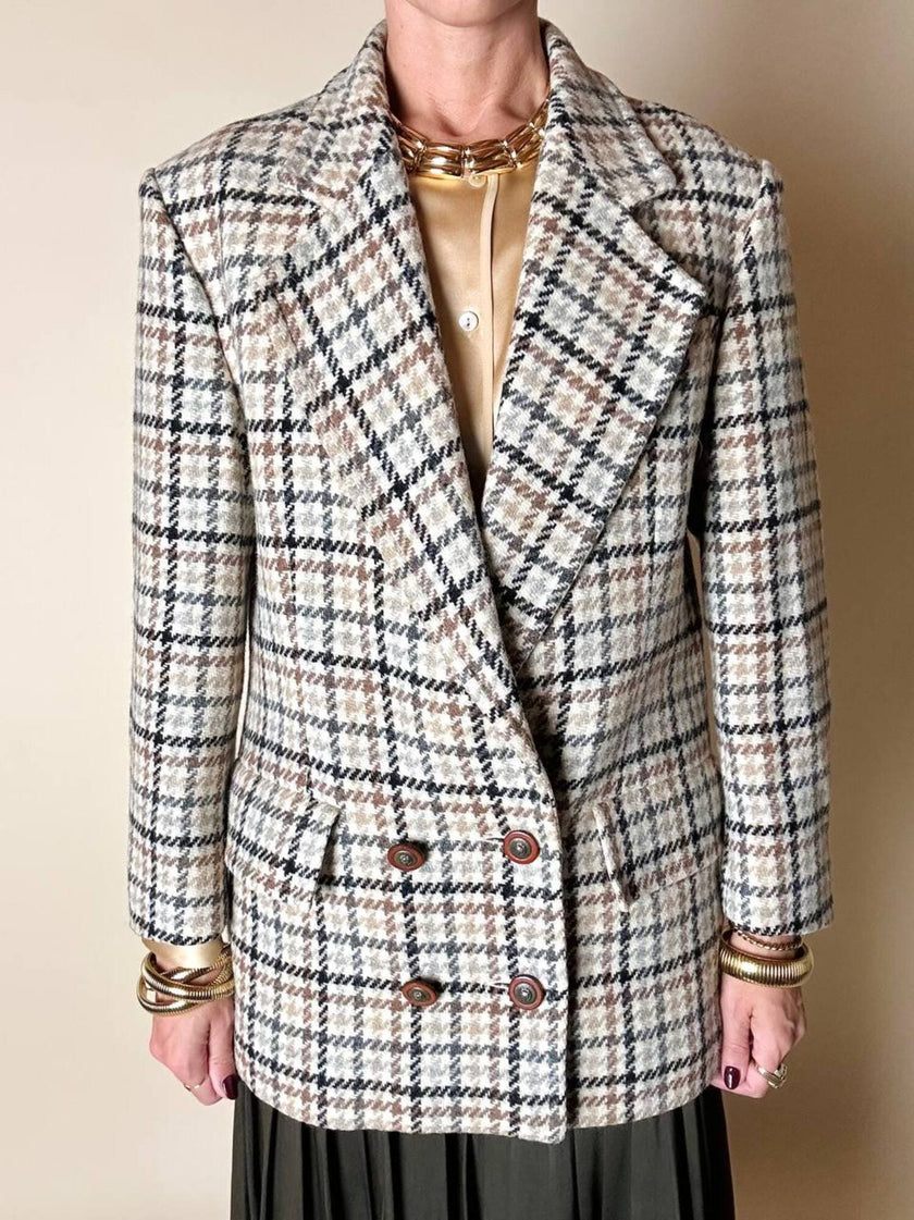 Guy Laroche Sportswear glen check wool double-breasted blazer with leather and metal buttons