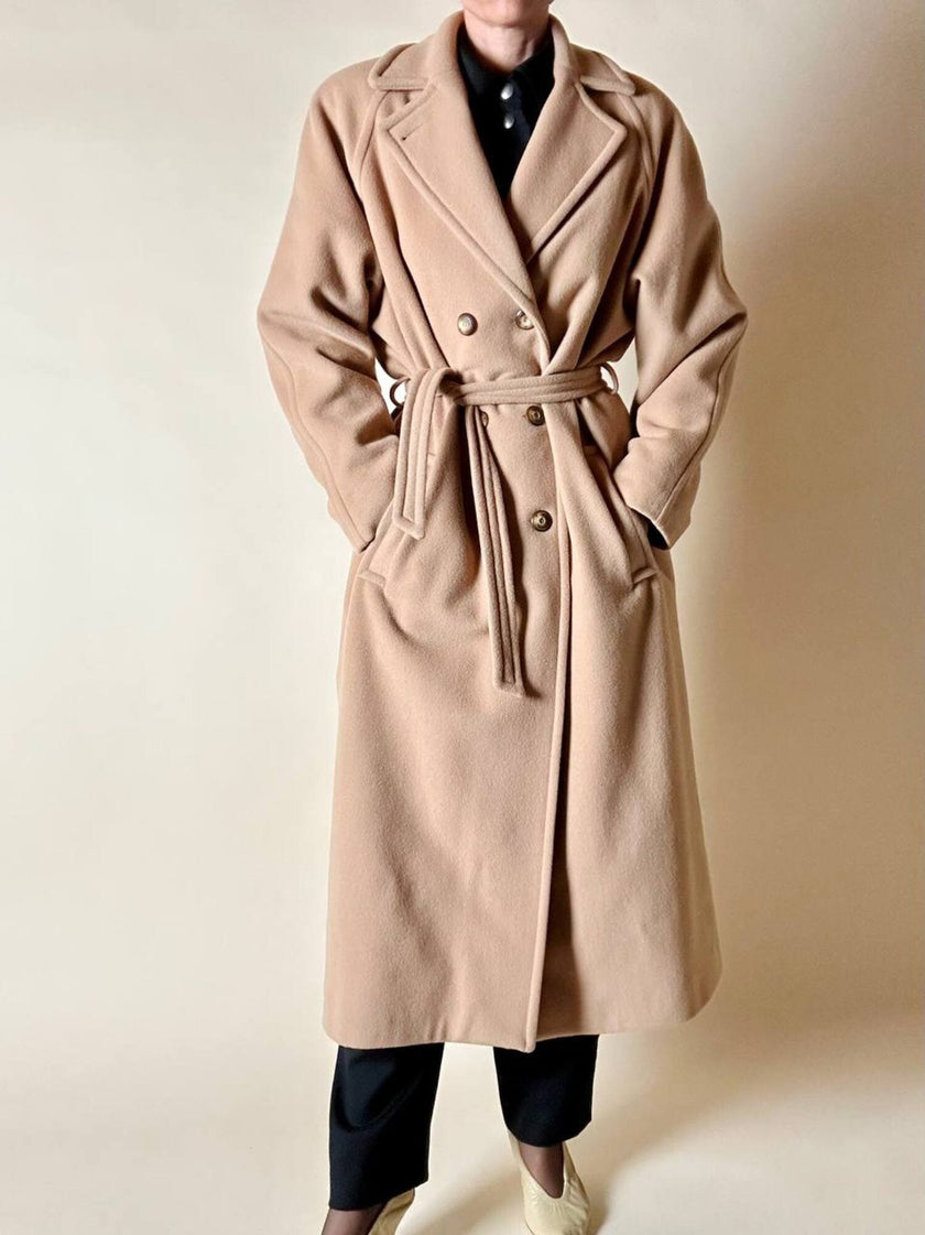 Cappotto vintage Kamaé modello vestaglia in lana e cachemire cammello chiaro