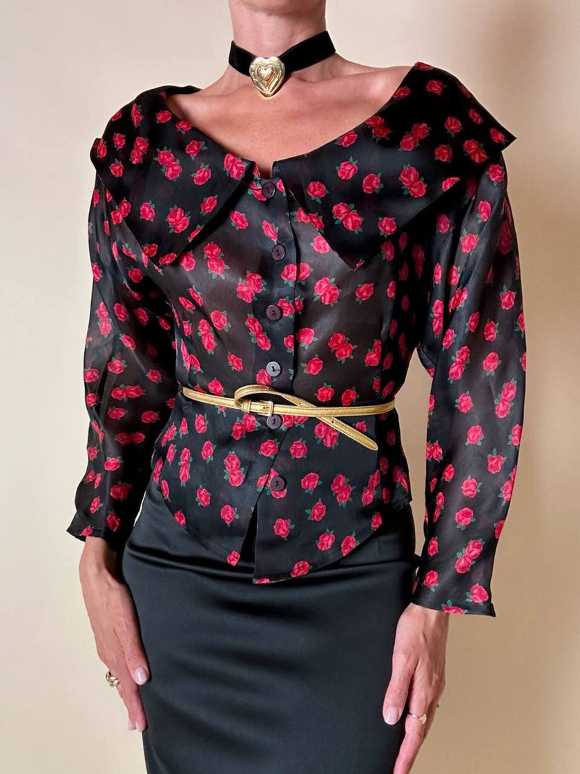 Camicia in organza nera fantasia rose rosse “Byblos”