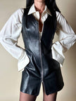 Abito scamiciato vintage in pelle nera con zip frontale