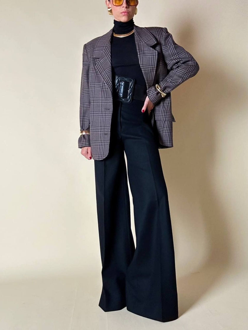 Blazer sartoriale in rasato di lana principe di Galles fango e nero