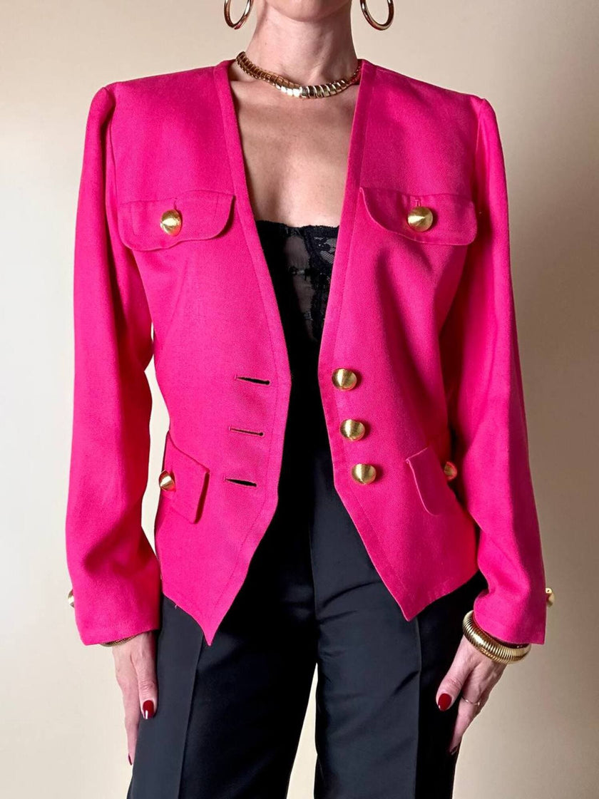 Blazer fucsia con bottoni gioiello dorati in metallo satinato “Yves Saint Laurent”