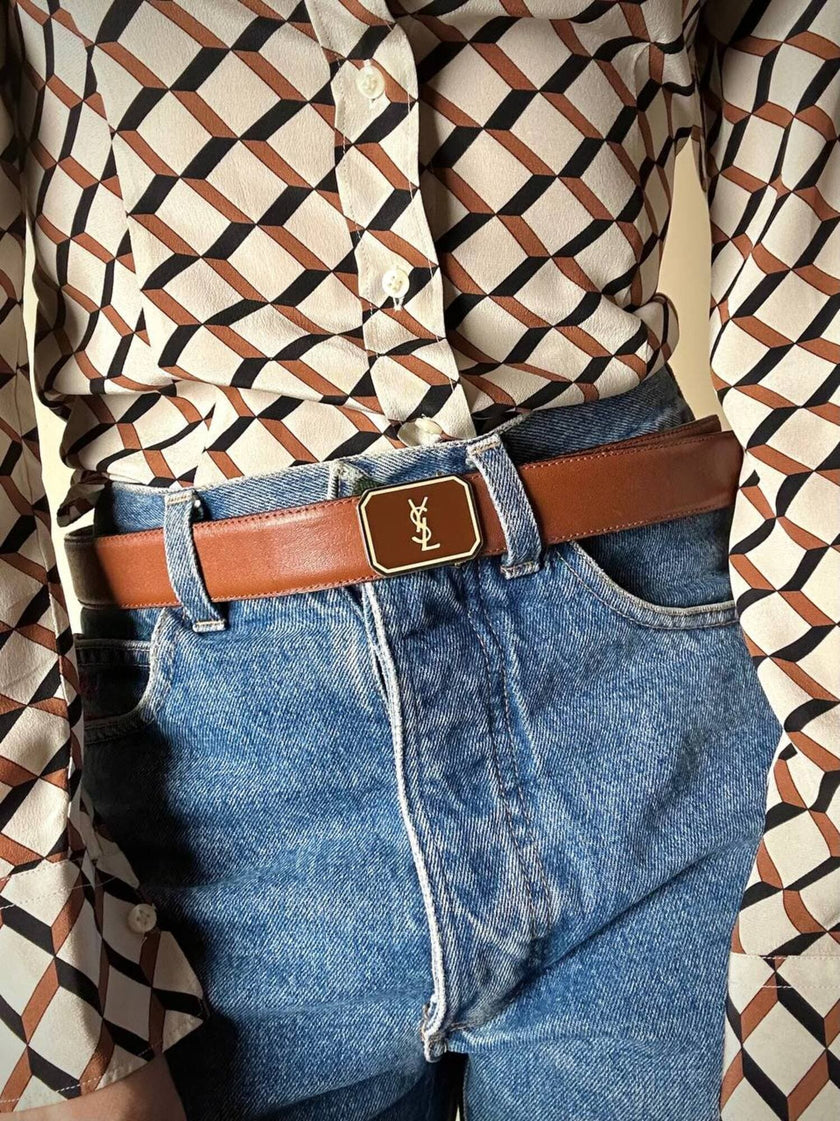 Vintage Yves Saint Laurent tan leather belt with an octagonal enamel buckle and YSL logo