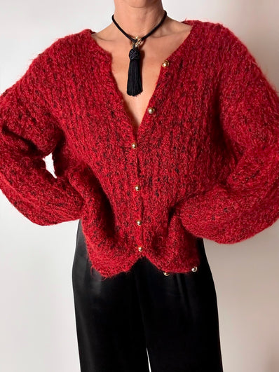 Cardigan vintage fatto a mano in lana mélange rossa e nera con bottoni dorati