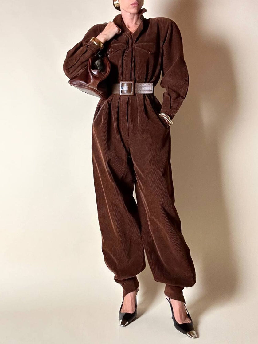 Combinaison vintage Complice en velours côtelé marron avec détails en cuir