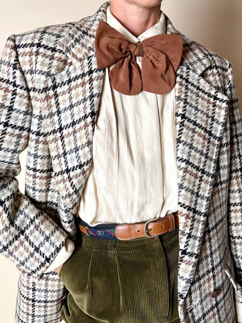 Cintura Valentino Garavani in pelle cuoio e tessuto con ribbons regimental logati