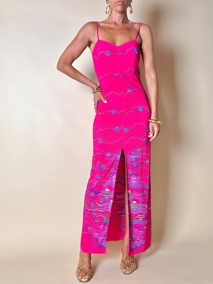 Abito lungo con spacco centrale fucsia fantasia astratta “Azzaro Paris”