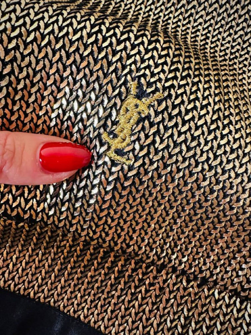 Mini dress oro in tessuto operato con profili neri in raso nero  “Yves Saint Laurent”
