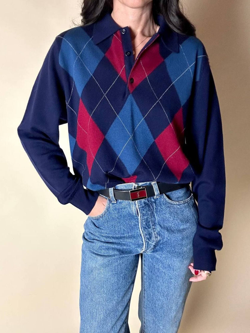 Cintura vintage Yves Saint Laurent double face blu navy e bordeaux con fibbia smaltata con logo YSL
