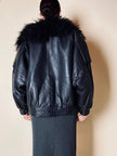 Bomber fatto a mano in pelle nera con maxi collo in mongolia
