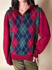 Pullover Yves Saint Laurent fantasia Argyle rosso Borgogna verde inglese e blu notte