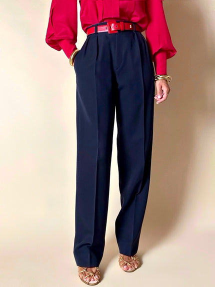 Pantalone Yves Saint Laurent Rive Gauche modello a vita alta in lana blu navy