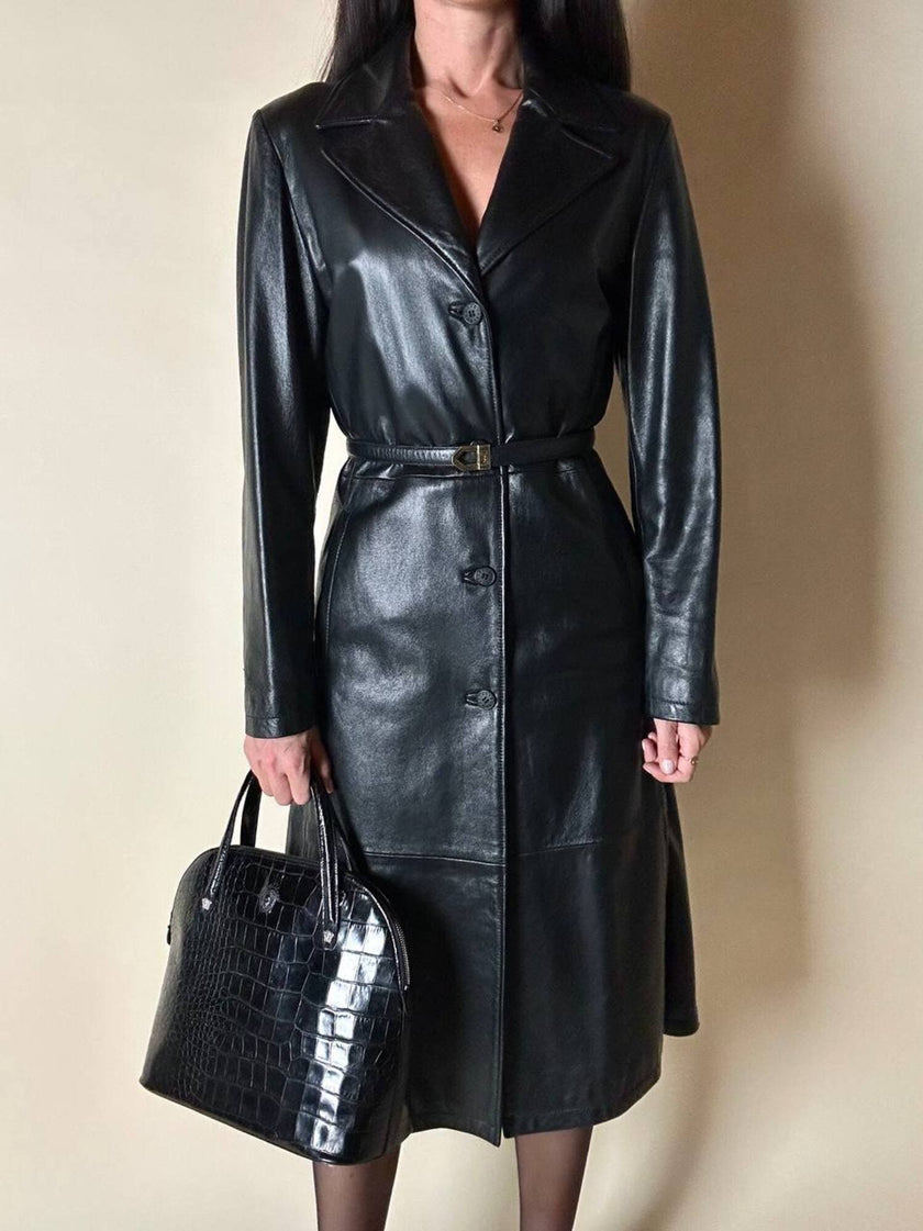 Cappotto/Robe Manteau vintage in pelle nera con spacco posteriore The Bomb