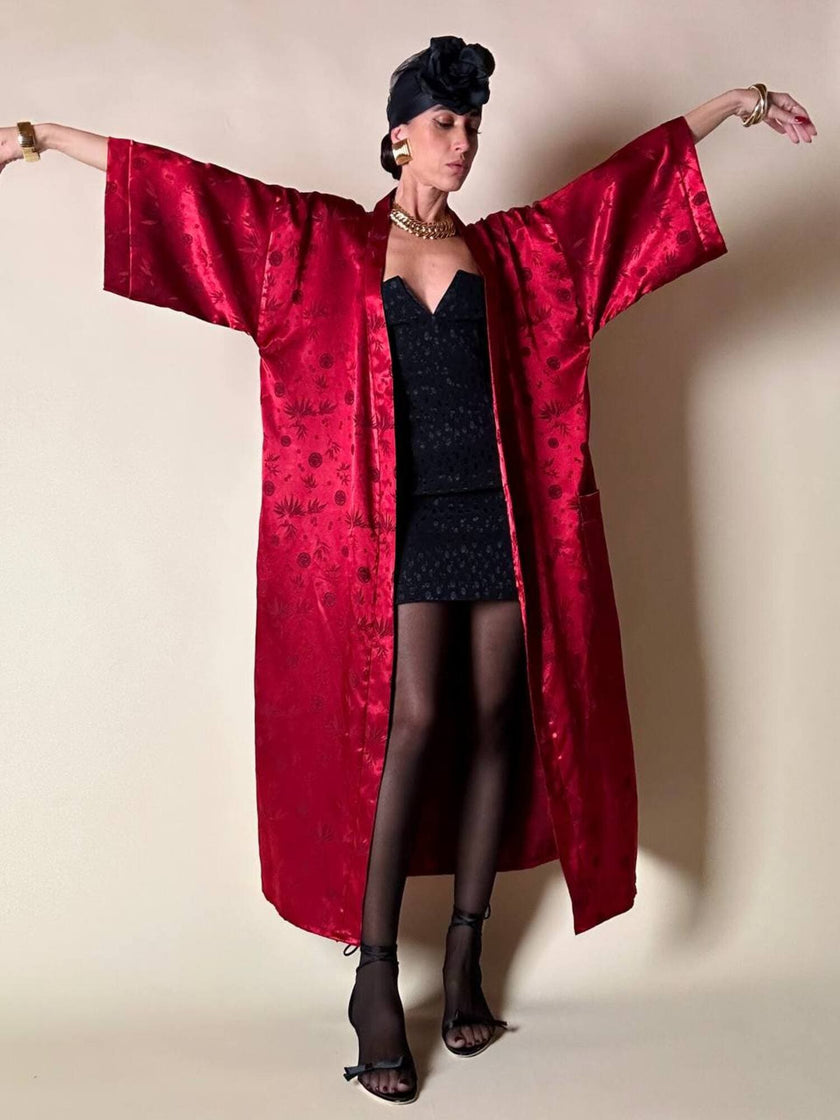Kimono rosso bordeaux in tessuto Jacquard