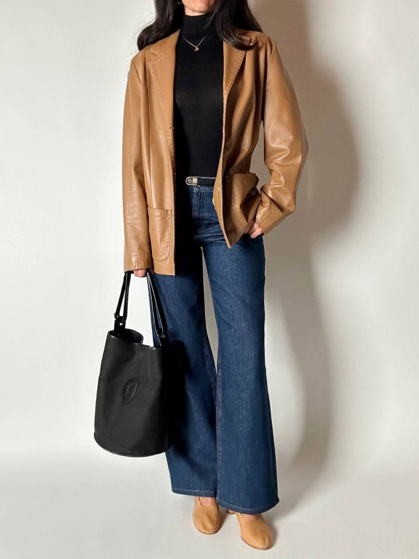 Secchiello vintage Yves Saint Laurent in tessuto nero millerighe con riporti in pelle