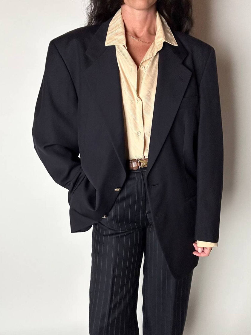 Blazer vintage Enrico Coveri You Young in rasato di lana blu notte con bottoni dorati