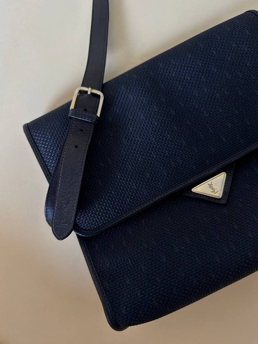 Borsa messenger in tessuto plastificato e pelle blu “Yves Saint Laurent”