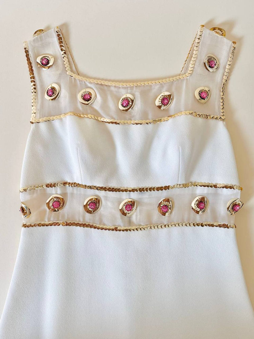 Mini dress bianco con inserti di organza ricamati in paillettes “Luis Mari”