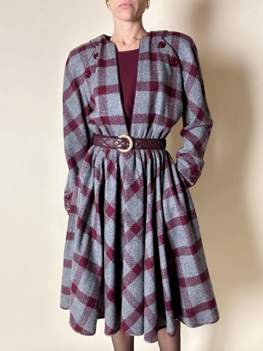 Abito Velentino Boutique in lana fantasia check grigio e bordeaux