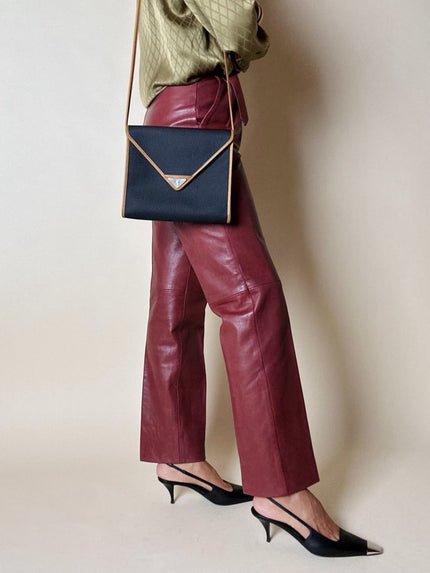 Borsa bandoulière Yves Saint Laurent in tessuto tramato nero con dettagli in pelle cuoio