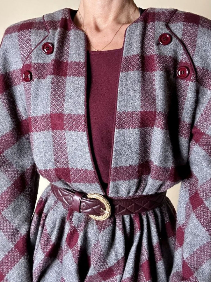 Abito Velentino Boutique in lana fantasia check grigio e bordeaux