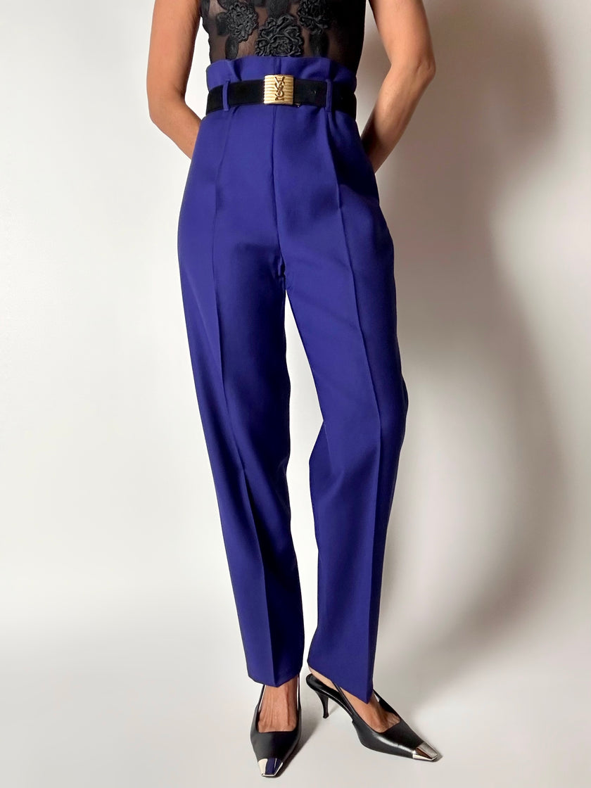 Pantalone vintage Cristina Gavioli a vita con piega in lana blu violetto