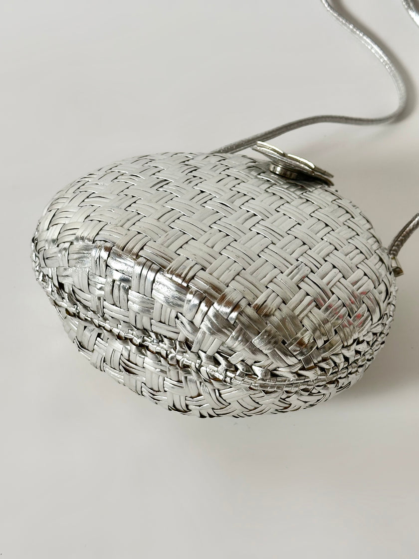 Borsa bandoulière vintage Rodo in midollino argento con chiusura gioiello