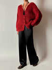 Cardigan vintage fatto a mano in lana mélange rossa e nera con bottoni dorati
