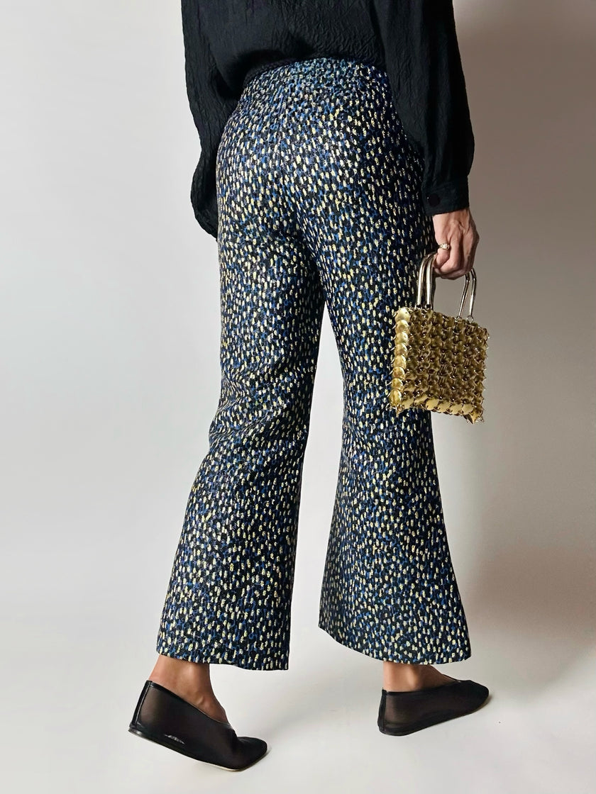 Pantalone a trombetta Merchant Archive in jacquard lamé bluette nero e oro