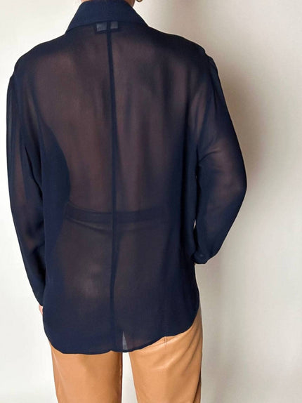 Camicia vintage Fendi Jeans blu navy con dettagli in crepe chiffon e bottoni in madreperla