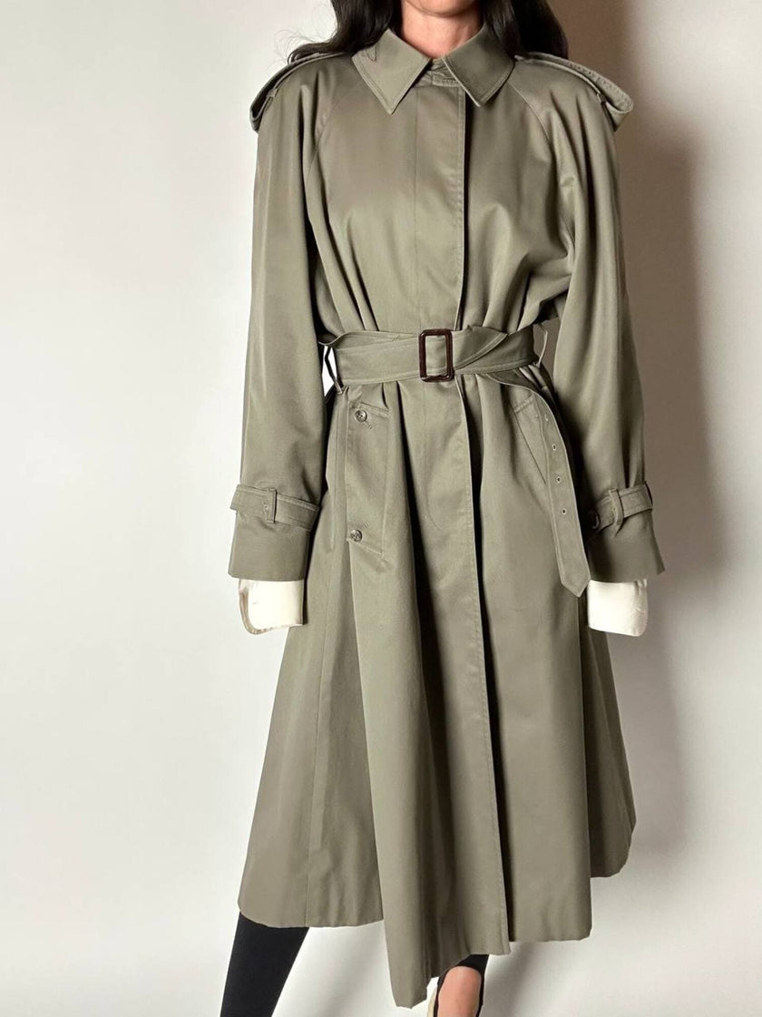 Vintage Aquascutum trench coat in khaki green gabardine with matching belt