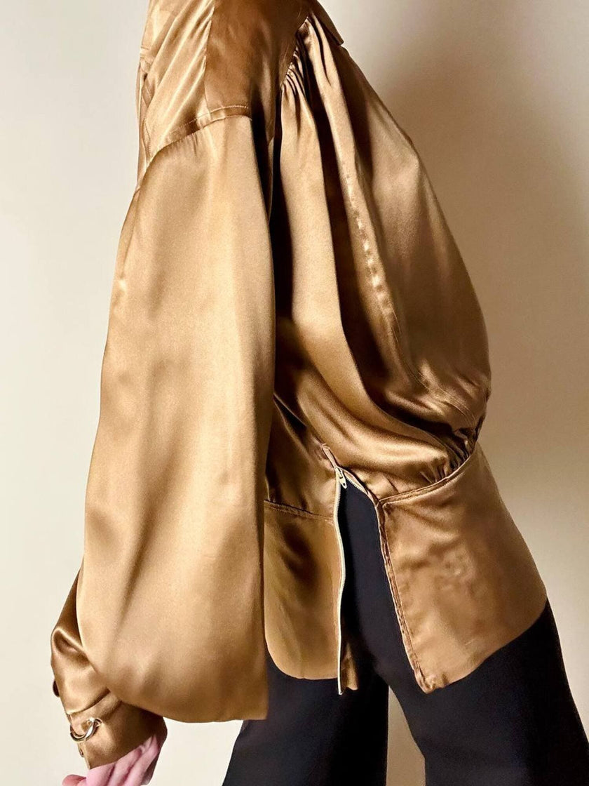 Blusa vintage Baila in seta bronzo con dettaglio gioiello nei polsi