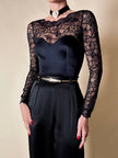 Body a manica lunga con scollo a cuore in lycra e pizzo nero “Faber”
