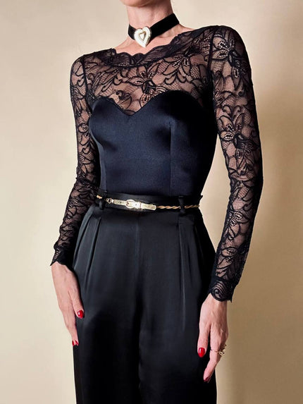 Body a manica lunga con scollo a cuore in lycra e pizzo nero “Faber”