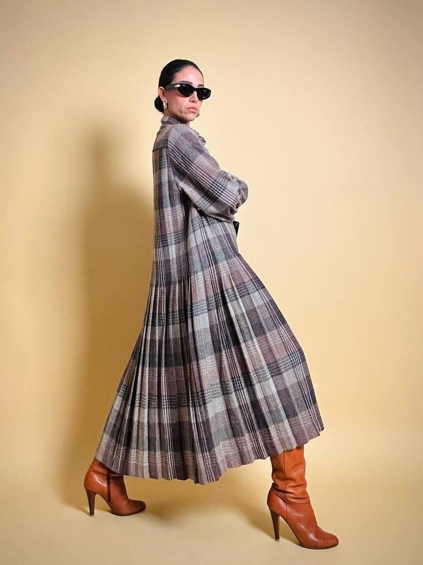 Maxi abito plissé in lana flanellata fantasia check