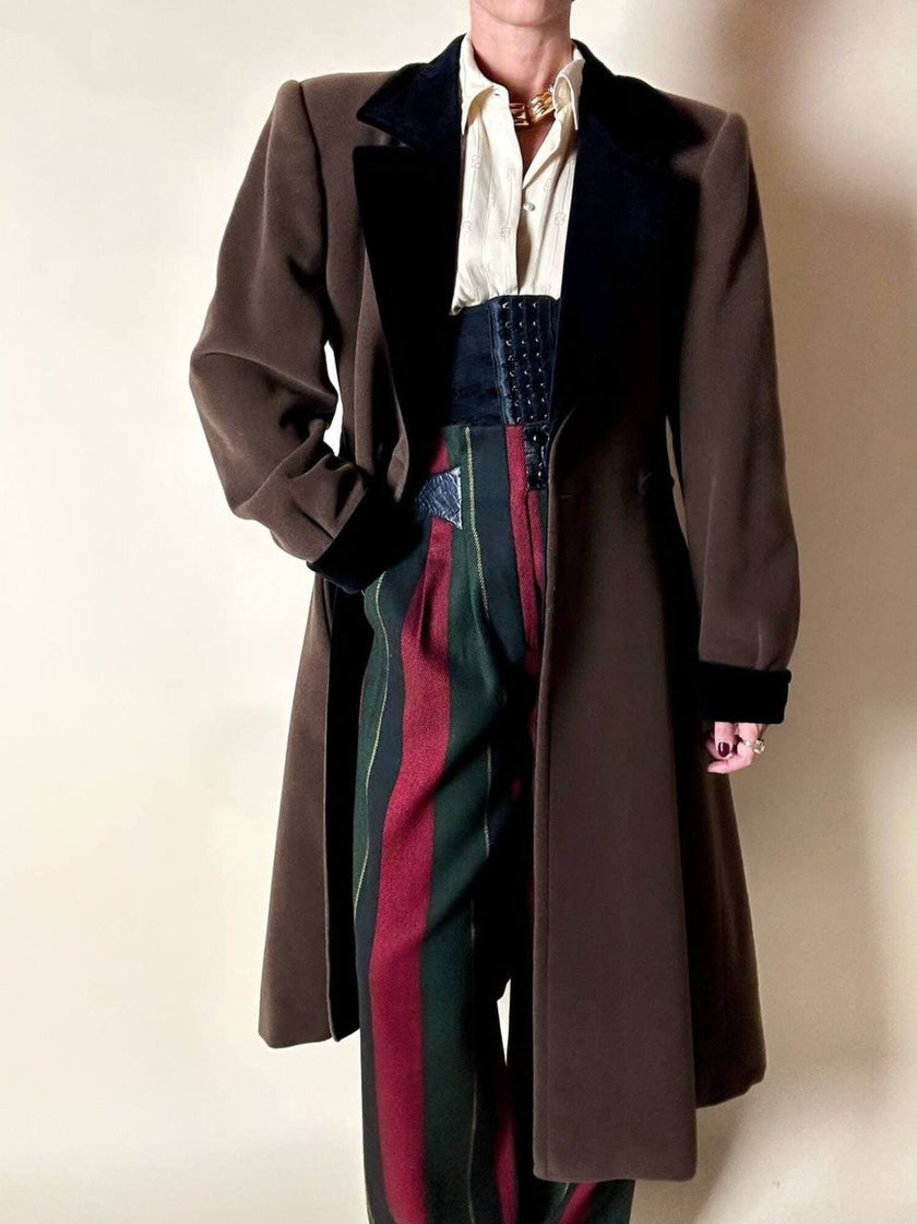Alex & Tris green-brown wool double-breasted coat with martingale and black velvet trim