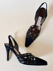 Slingback con dettaglio a rete in tessuto nero opaco e pitone “Beltrami”