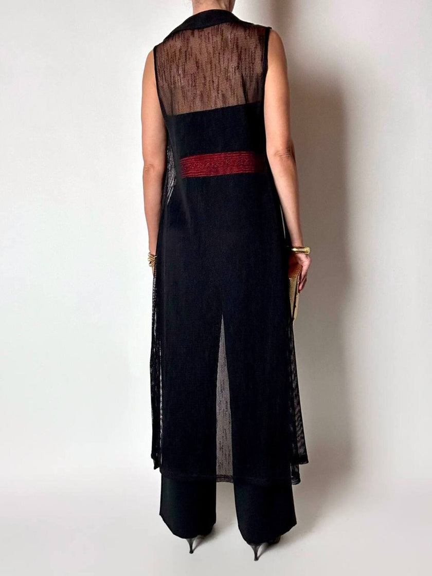 Gilet vintage lungo in rete nera con rever e spacchi laterali New Age