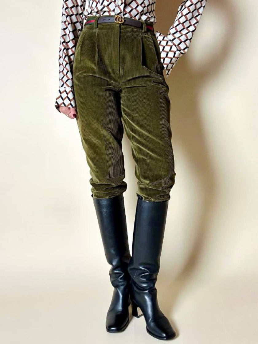 Pantalone a vita alta in corduroy verde oliva Rizzi Sport