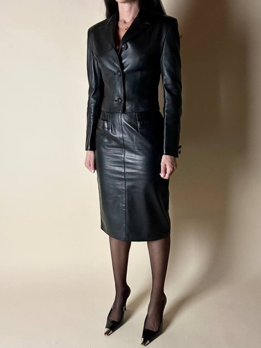 Vintage high-waisted black leather midi skirt