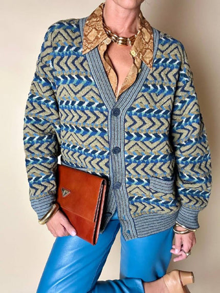 Cardigan Missoni Sport con pattern geometrico e trama tridimensionale nei toni del verde e blu