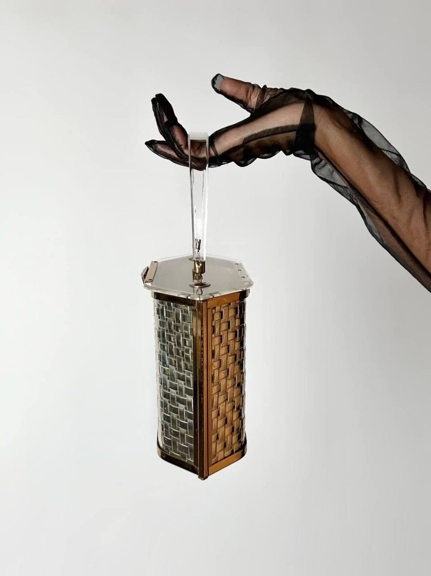 Box Bag vintage in lucite e metallo dorato effetto intrecciato
