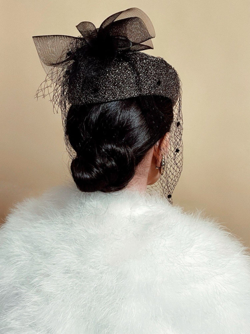 Cappellino con veletta in lurex oro e tulle nero Marzi Firenze