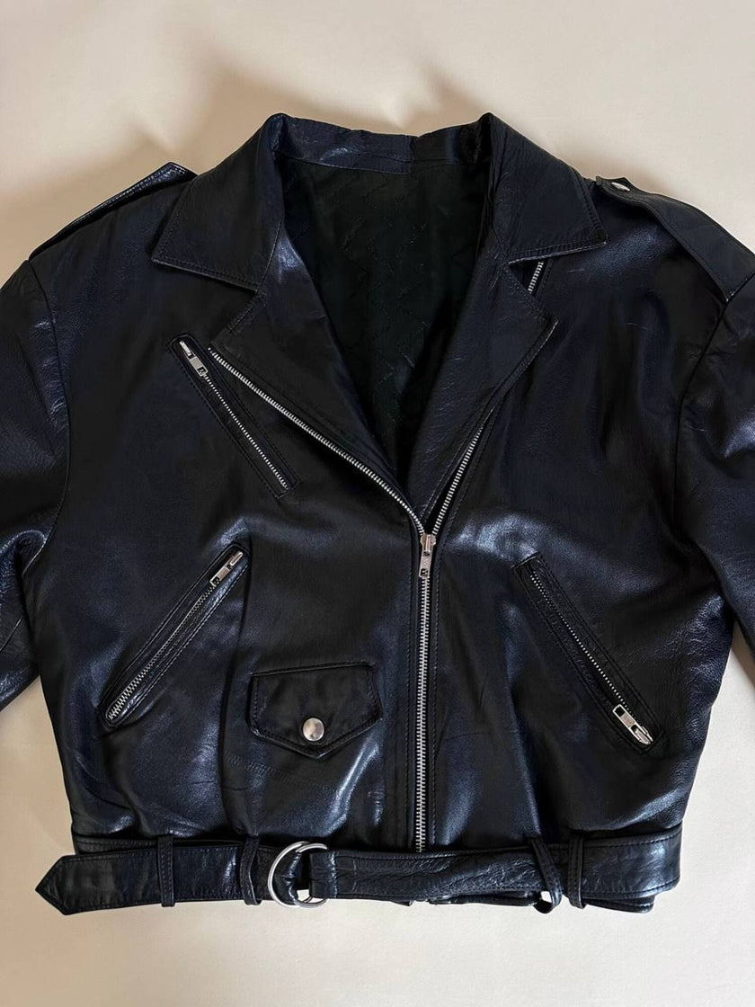Giacca biker vintage in pelle nera ultra soft con fodera trapuntata in raso