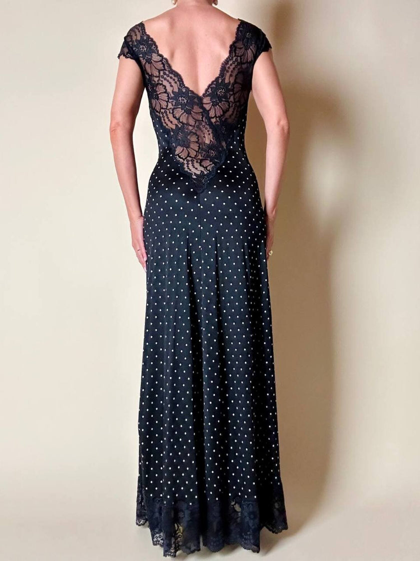 Abito lungo nero a pois bianchi con inserti in pizzo “La Perla”